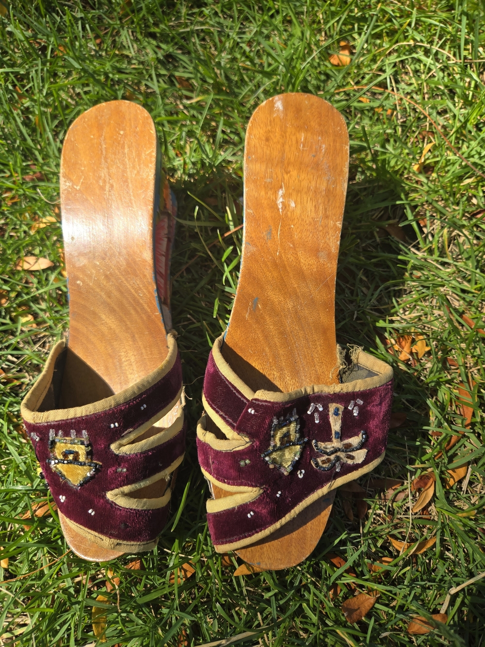 Women's Burgundy Embroidered Slip-On Heels